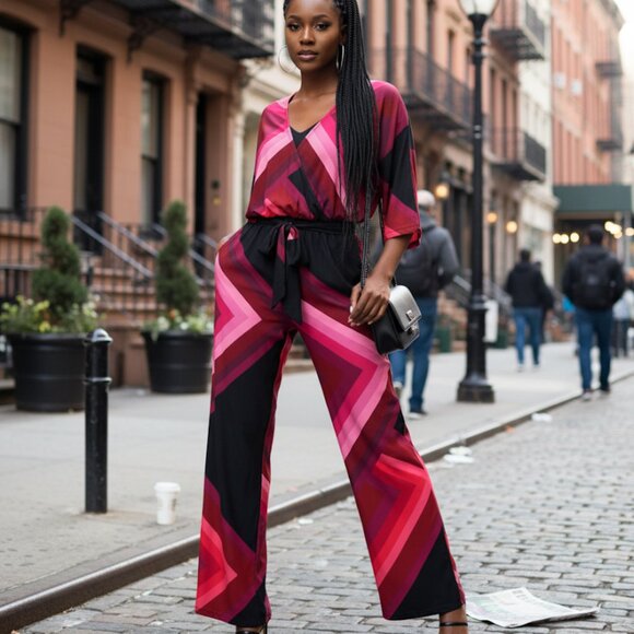VIBRANT Trina Turk Chevron Wide-Leg Jumpsuit Kimono Sleeve Retro Resort - Picture 1 of 10